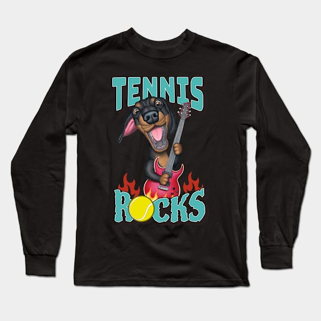 Funny and cute doxie Tennis Rocks dachshund rock and roll guitar Long Sleeve T-Shirt by Danny Gordon Art